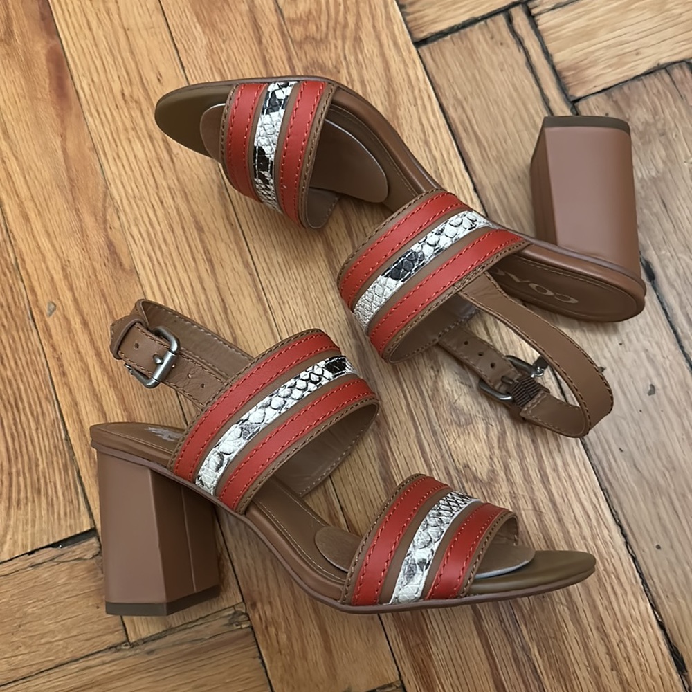 Coach Princeton leather block heel sandals in Saddle/Carmine Size 5.5